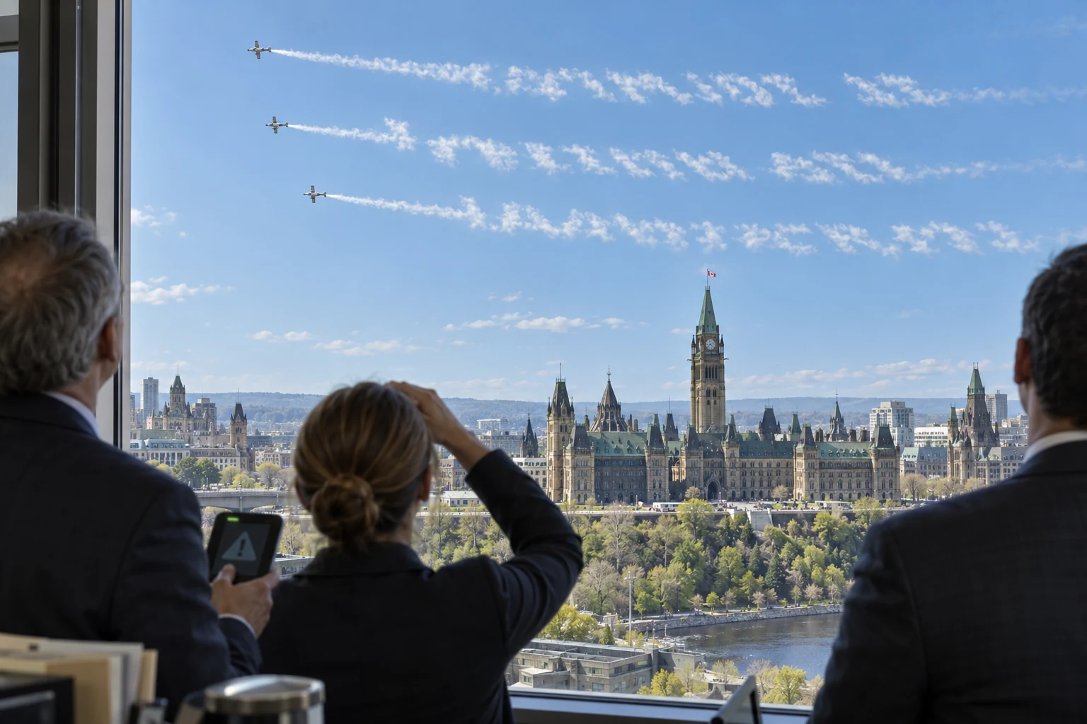 Three autonomous aircraft lay white skywriting trails above Ottawa’s Parliament buildings while officials watch from an office window and a guardian device displays an alert.