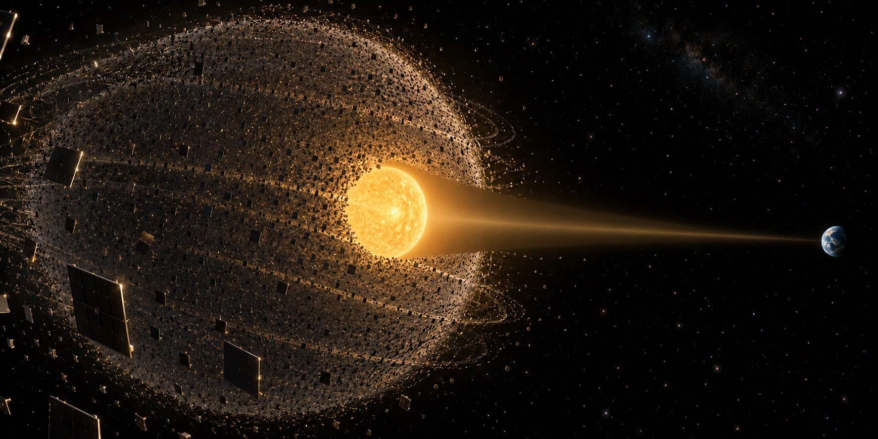 A dense cloud of separate solar collectors surrounds the Sun, with a clear opening toward Earth outside the swarm.