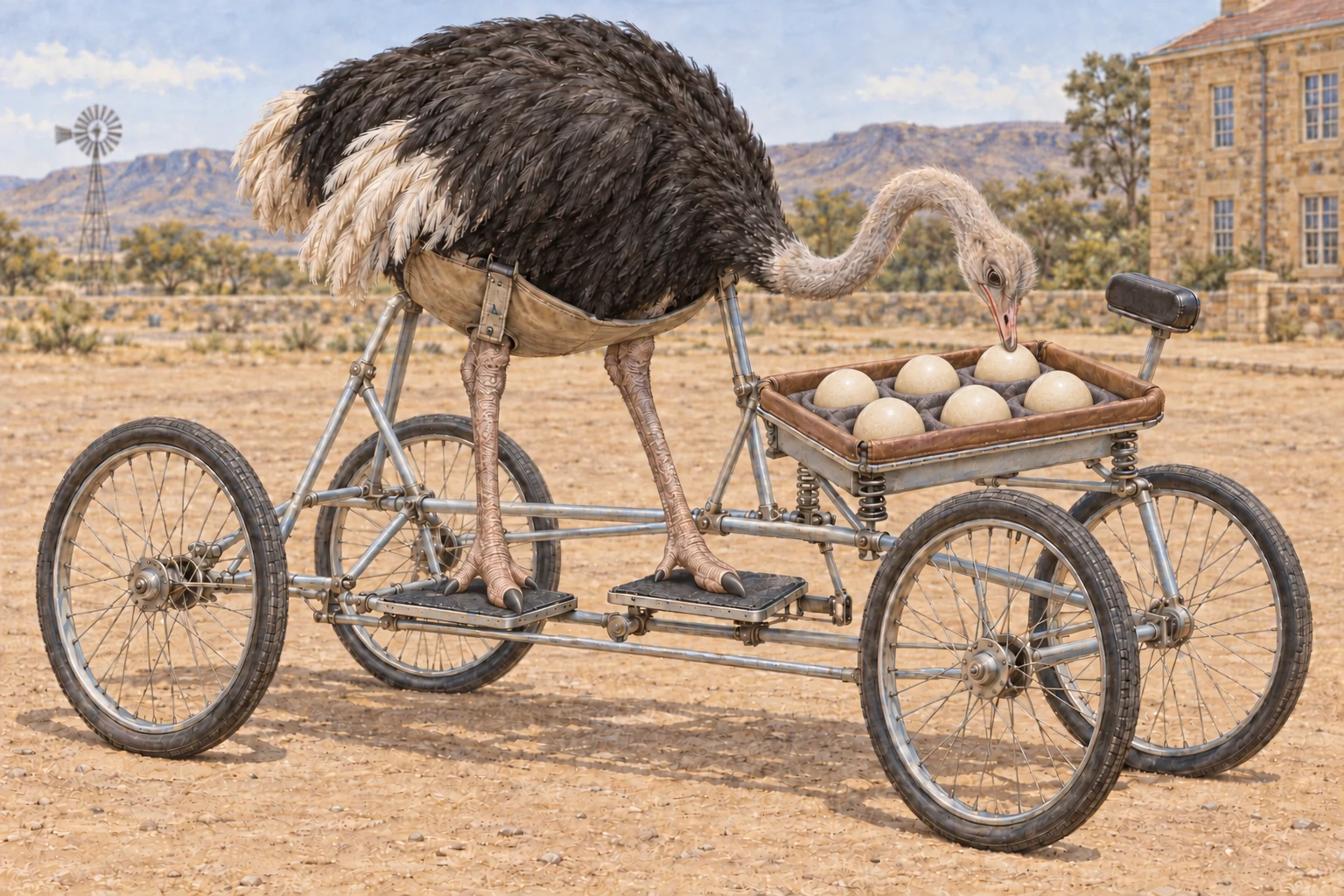 An adult ostrich stands in the supporting sling of a four-wheeled Struthio Courier with its feet on drive trays, lowering its beak toward six eggs in a padded carrier mounted on springs.