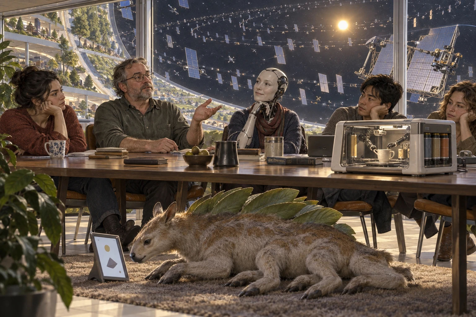 People and a synthetic participant debate around a table in an orbital habitat, while a six-legged leaf-finned animal studies a screen, a desktop fabricator makes a cup, and solar collectors fill the view outside.