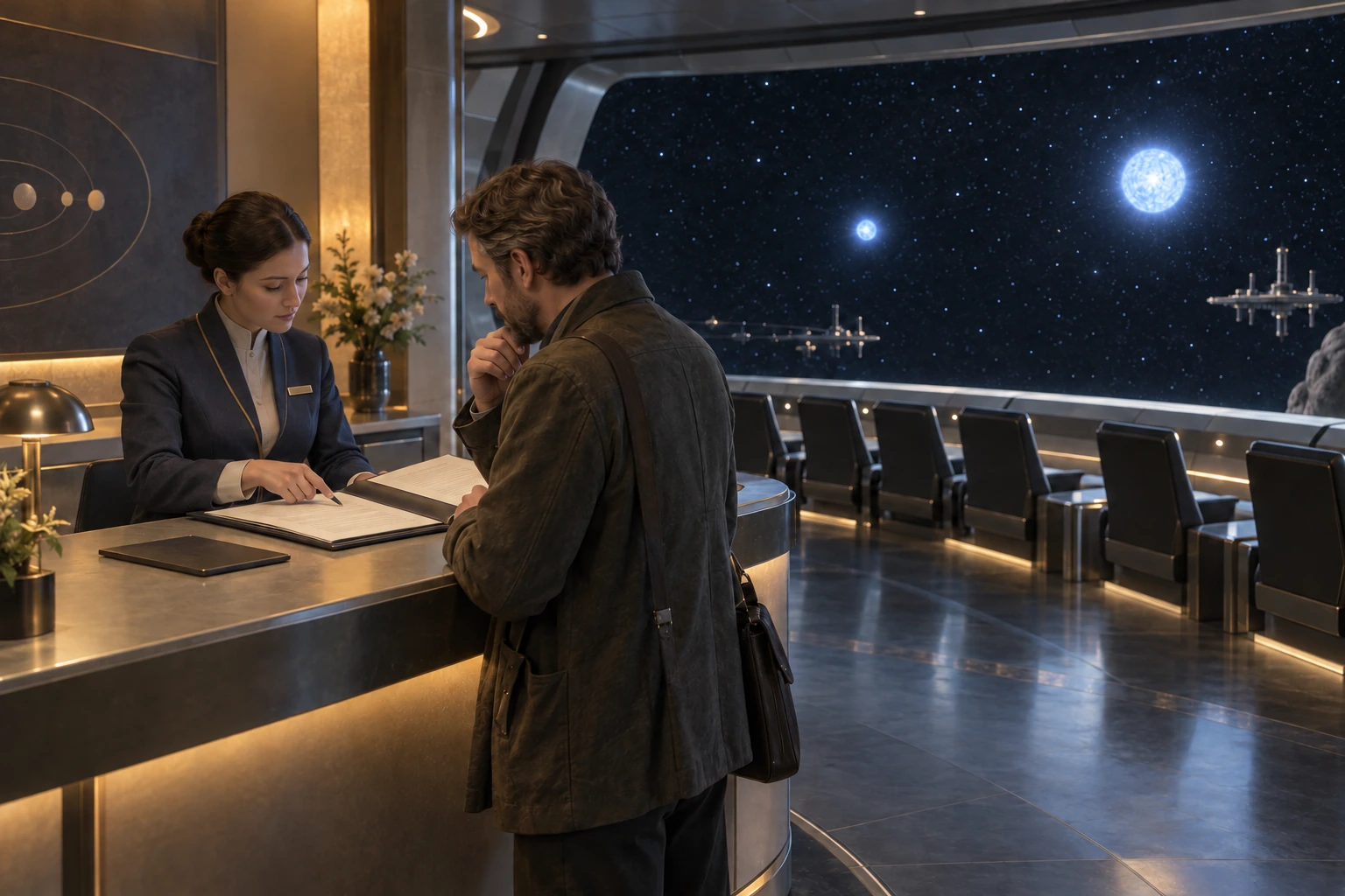 A station administrator and representative review a folio beside empty observation seats, with two intact blue-white stars visible beyond the window.