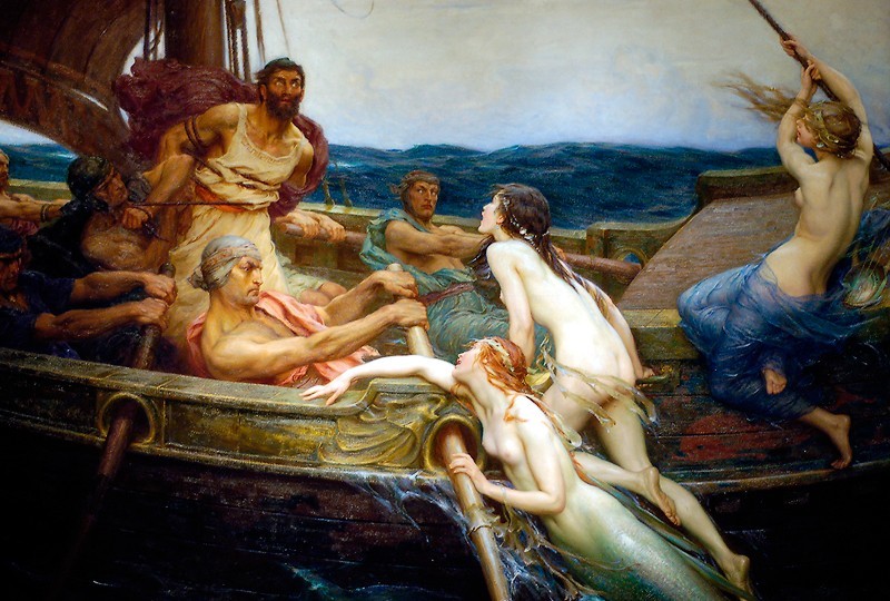 Herbert James Draper’s painting of Ulysses bound to the mast as his crew rows past three Sirens climbing aboard the ship.
