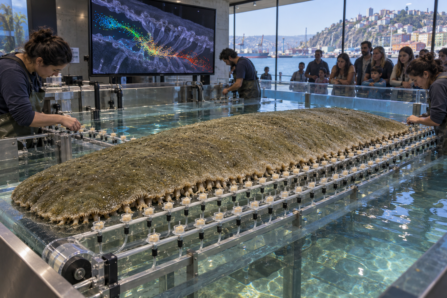 One broad olive-grey carpet sea cucumber feeds at four staggered banks of small outlets in a seawater tank, while aquarists tend the equipment and visitors watch from a dry gallery.