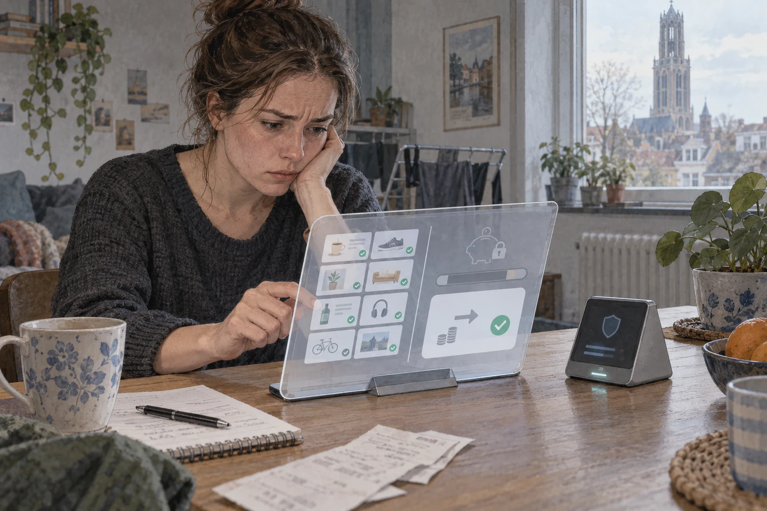 Illustrative reconstruction of Ilse Brandt reviewing a guardian display with sponsored messages and a completed savings transfer; a second guardian device sits beside it.