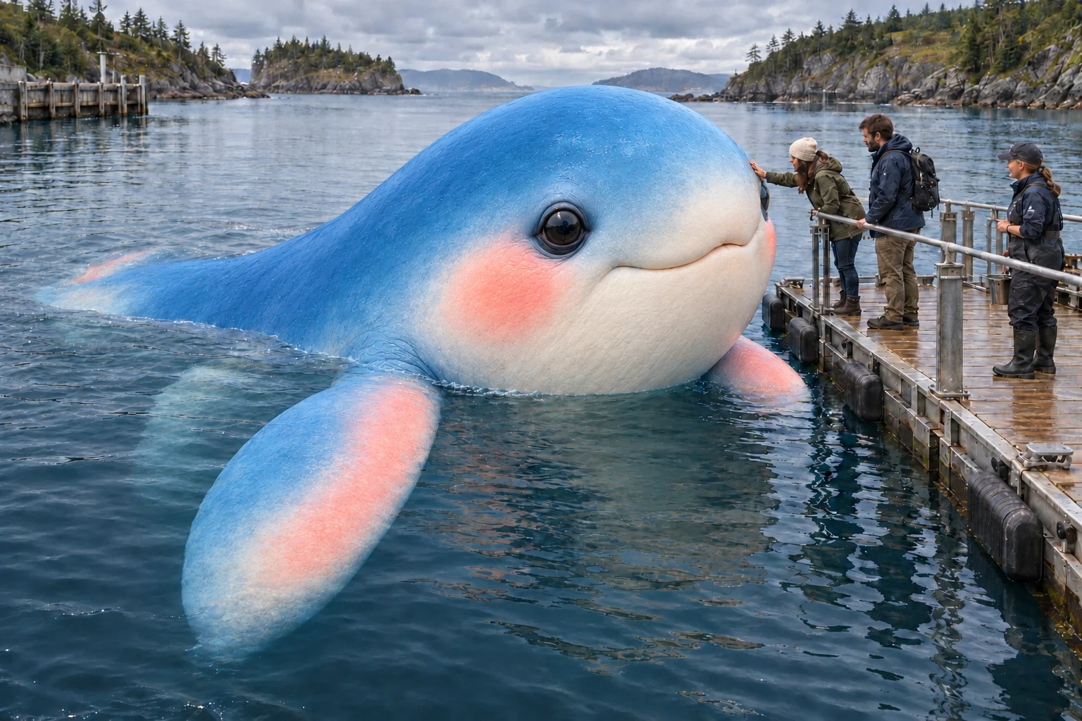 A huge bright-blue velvet harbour whale with smooth skin, a cream chin, coral-pink cheeks and flippers, a large glossy eye and a softly smiling round face approaches a floating pontoon, where two visitors and a keeper stand.