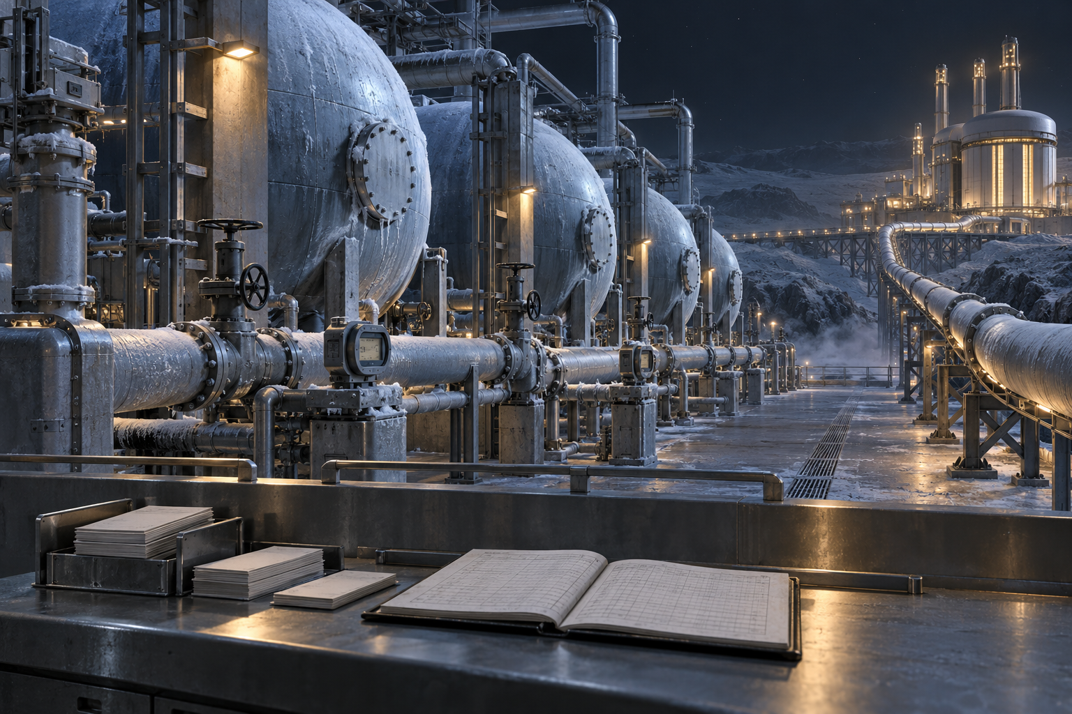 Frost-covered hydrogen vaults and metered pipes at a receiving yard; a custody ledger and warrant slips sit beside a pipe leading toward the power plant.