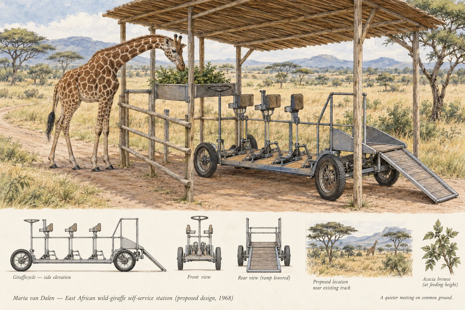 Reconstruction of a proposed open-sided station beside an East African track: a free-ranging giraffe approaches a feeding lane and a parked four-wheel Giraffecycle with foot trays, supports and a rear ramp.